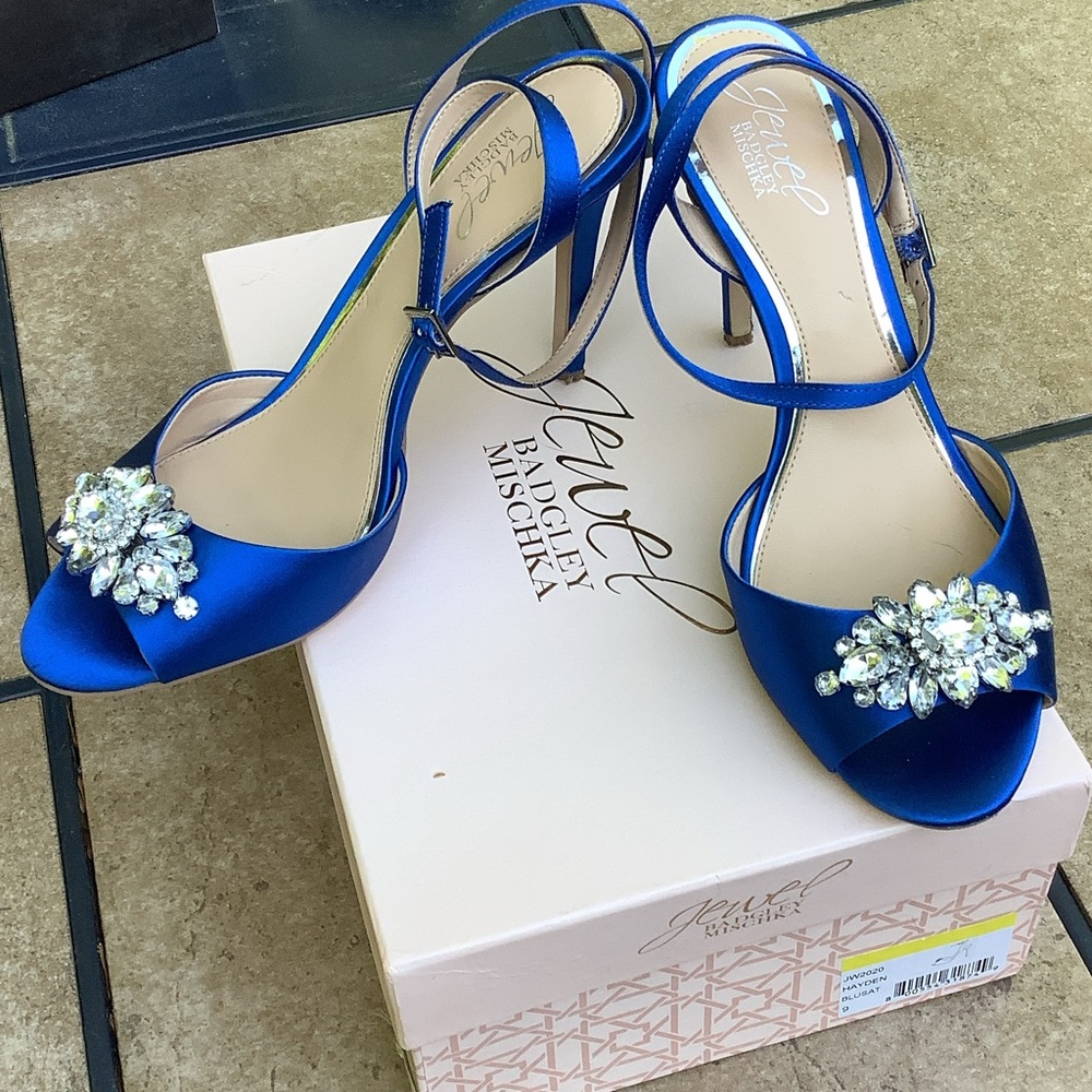 Jewel Badgley Mischka Royal Blue Satin Jeweled Peep-Toe Slingbacks